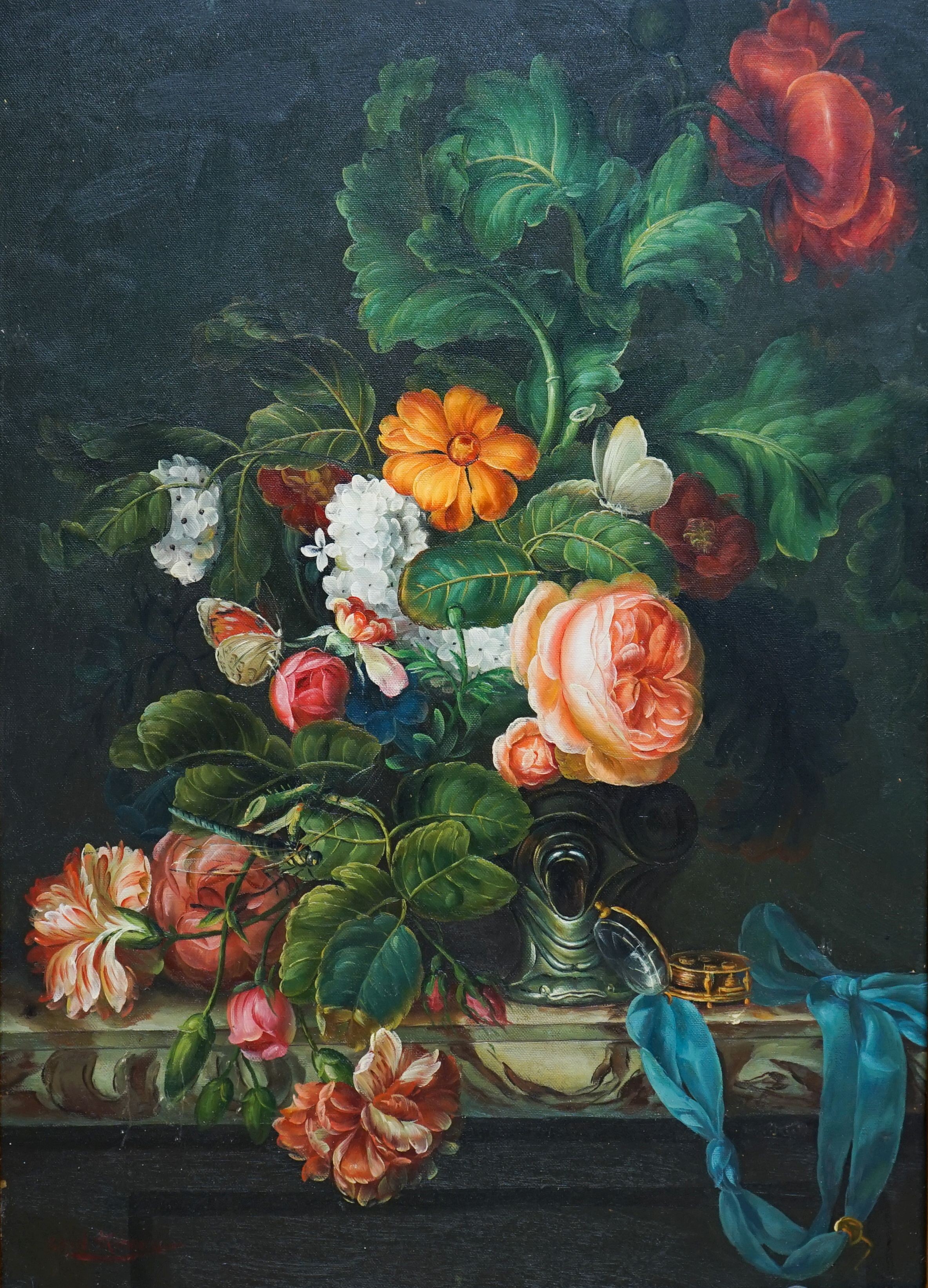 fter Cecil Kennedy, oil on board, Still life of flowers in a vase upon a ledge, bears signature, 58 x 41cm